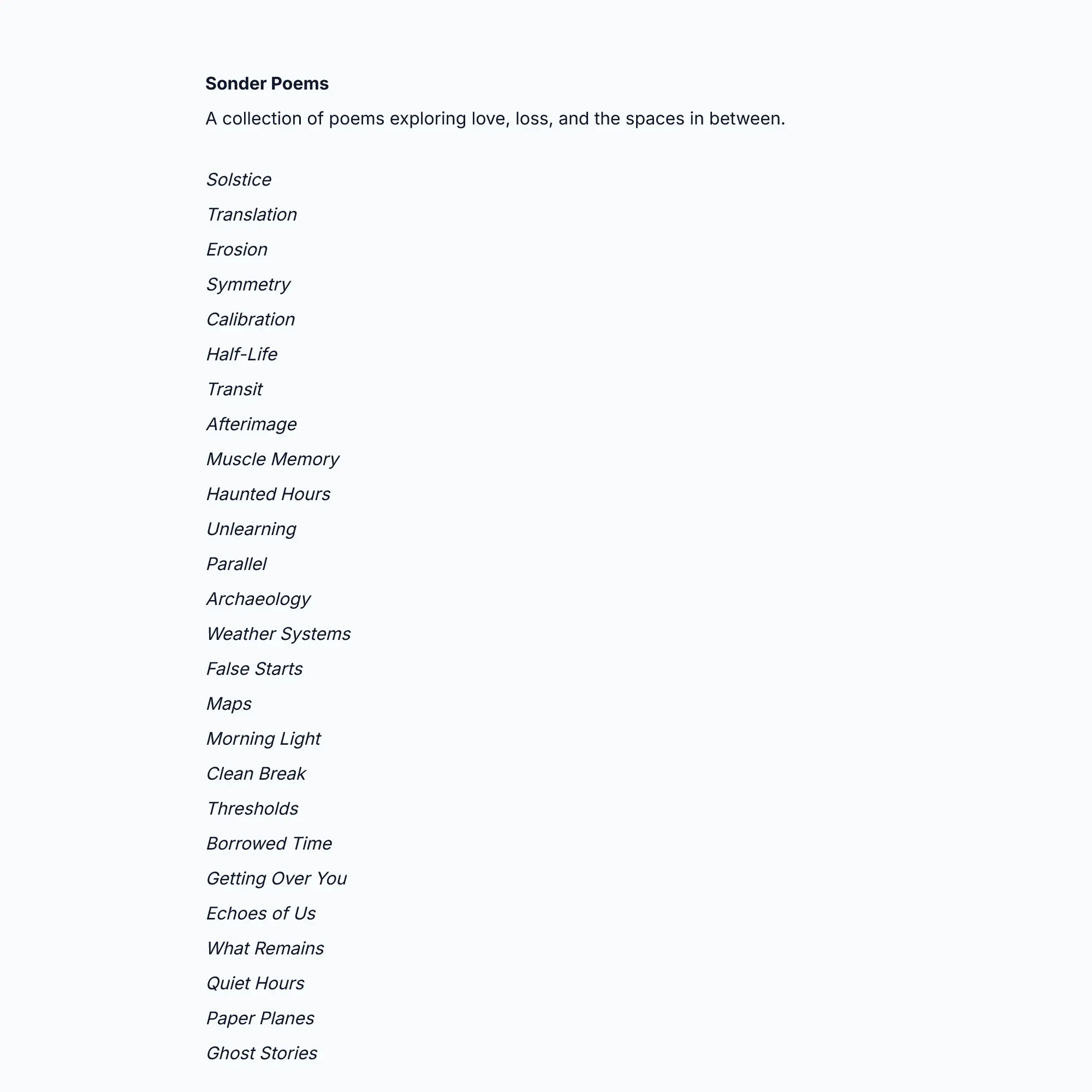 Screenshot of Sonder Poems